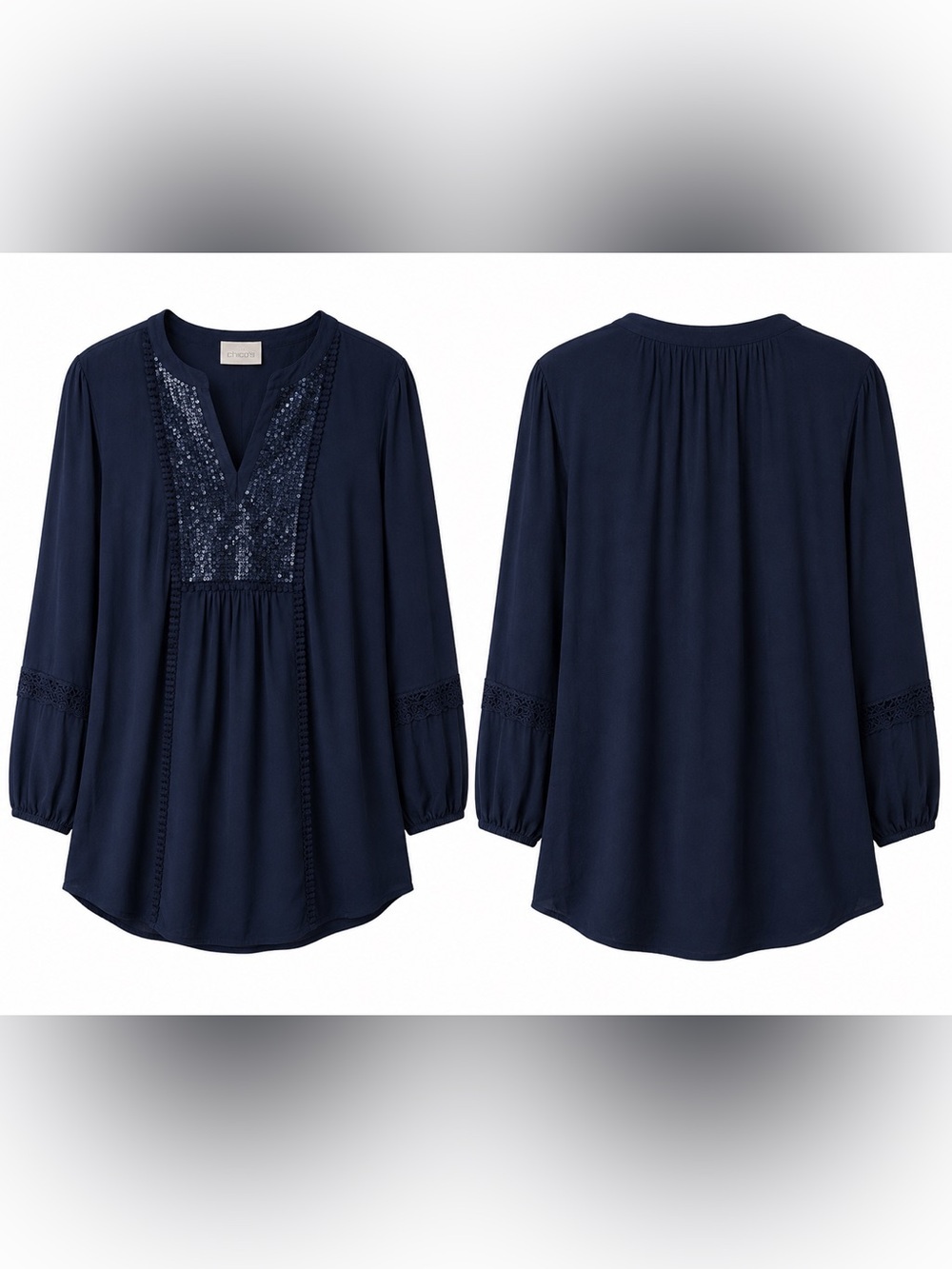 Sequined Boho Peasant Blouse Top - Navy Blue - Chico’s 3/XXL